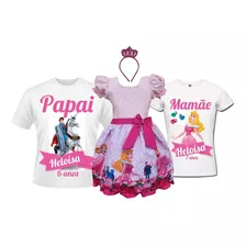 Vestido Bela Adormecida Aurora + Camisetas Pai E Mãe + Tiara