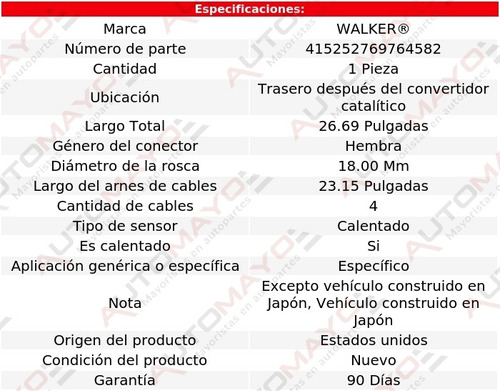 Sensor De Oxgeno Tras Dcc Walker Rx350 6 Cil 3.5l 16-21 Foto 6