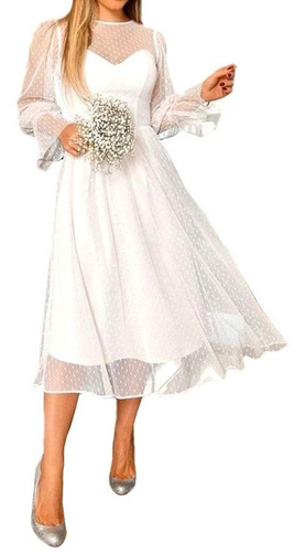 Vestido De Noiva Midi Poa Festa Noivado Lindo Luxo Casamento