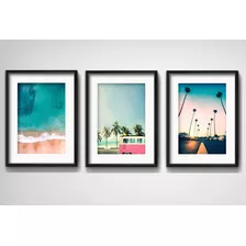 3 Quadros California Sun Surf Praia Kombi Mar Grande 45x55cm