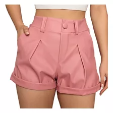 Shorts Moda Couro Fake Ecológico Cinto Cintura Alta Botão