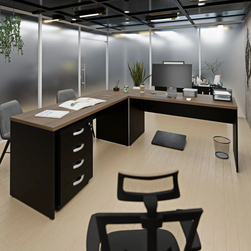 Conjunto Mesa De Escritório Conexão Em L E Gaveteiro Nogal/preto