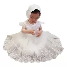 Vestido Branco Batizado Bebê Mandrião C/ Renda E Touca Luxo