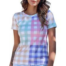 Tshirt Blusa Feminina No Suplex Xadrez Colorido