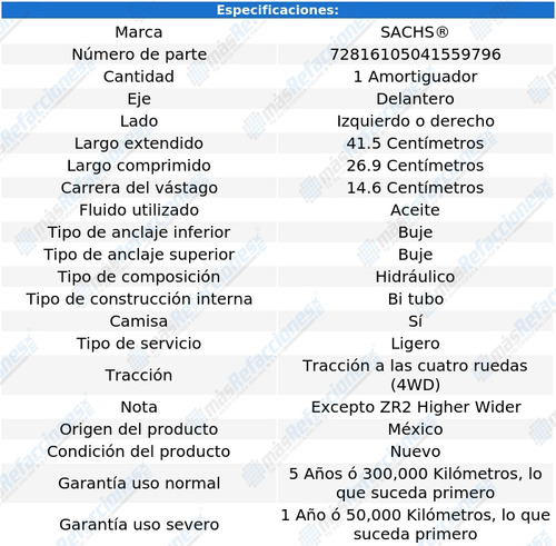 1 Amortiguador Hid Del Izq/der Gmc Sonoma 91 Al 04 Sachs Foto 2