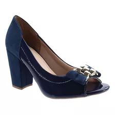 Sandalia Sapato Peep Toe Feminy Azul Marinho Salto Grosso