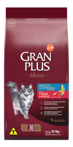 Alimento Gran Plus Castrados Para Gato Adulto Sabor Carne E Arroz Em Saco De 10.1kg