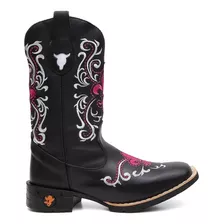 Bota Botina Texana Feminina Country Em Couro Flores Montaria