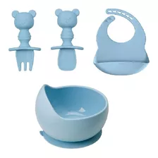 Kit Bowl, Babador E Talheres Em Silicone Azul - Buba