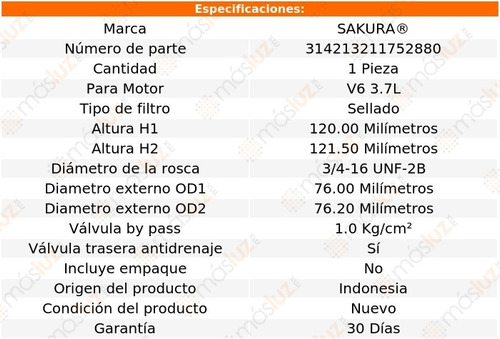 1) Filtro Aceite Jeep Commander 3.7l 6 Cil 06/09 Sakura Foto 4