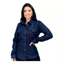 Camisa Jeans Feminina Manga Longa Blusa Com Bolso 