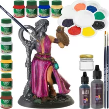 Kit Pintura Miniatura Rpg Ded + Tintas + Pincéis + Wash Mt+