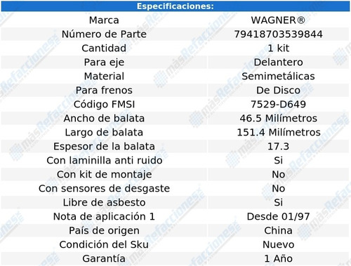 Jgo De Balatas Semimetalicas Del Wagner Sephia 1.8l 96 Al 97 Foto 2