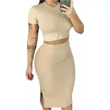 Roupas Femininas Conjunto Saia Midi Com Fenda E Cropped