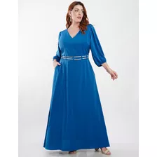 Vestido Longo Crepe Detalhe Cordinha Azul Dona Charme