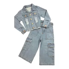 Conjunto Infantil All Jeans Wid Leg E Jaqueta Mini Diva Luxo