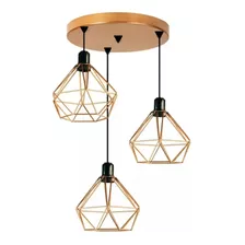 Luminária Lustre Pendente Triplo Aramado Diamante Cobre 