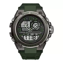 Relógio De Pulso Sanda 6024 Com Corpo Preto, Analógico-digital, Para Masculino, Fundo Preto E Cinza, Com Correia De Resina Cor Verde, Agulhas Cor Prata E Verde, Subdials De Cor Verde, Subesferas Cor