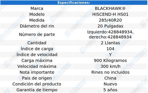 2 Llantas 285/40r20 104y Blackhawk Hiscend-h Hs01 Sin Rin Foto 2