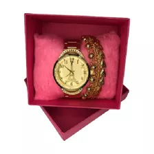 Relógio Feminino Dourado Promoção + Pulseira Semi Jóia 