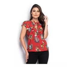 Blusinha Feminina Com Babados Estampada Vermelha Ecológica