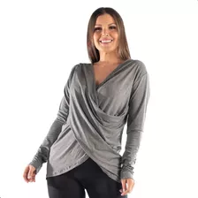 Blusa Transpassada Cruzada Decotada Feminina Manga Longa