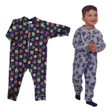 Kit 3 Macacão Com Zíper Unisoft Pijama Infantil 1 - 2 - 3