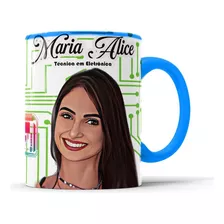 Caneca Com Caricatura Personalizada De Profissões Alça Azul.