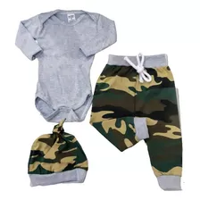 Conjunto Bebê Camuflado Com Touca Cinza