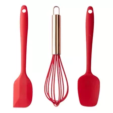 Kit 3 Utensílios De Cozinha Silicone 2 Espátulas + Fue Cor Vermelho