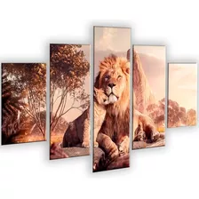 Kit 5 Quadro Mosaico Leão Filhote Savana Montanhas Felino Cor . Cor Da Armação Borda Infinita