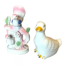 Antiguo Lote Pato Y Pájaros Porcelana Blanca Colección 