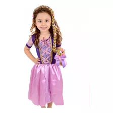 Vestido Fantasia Rapunzel Enrolados Infantil Luxo Com Trança