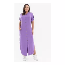 Vestido Chemise Plus Size Longo Bolso E Botões Manga Curta