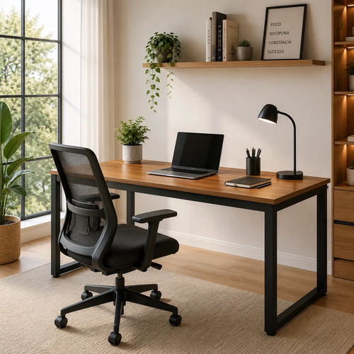 Mesa Escritório Industrial Em Aço 150cm Para Reunião Madeira Madeira