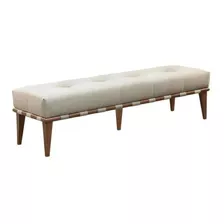 Recamier Puff Decorativo Madeira Maciça Luxo Linho Bege