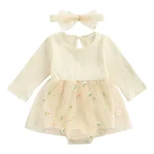 Vestido Manga Larga Bebé Niña Con Flores Bordadas + Diadema