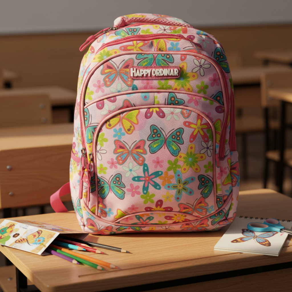 Mochila Escolar Estampada 3 Bolsillos Primaria Tela Nena Rosa Claro