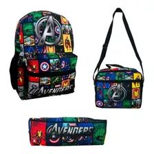 Kit Mochila Escolar Costas Vingadores Com Estojo E Lancheira