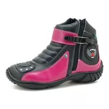 Bota Coturno Motociclista Feminina Rosa Cano Curto Couro 271