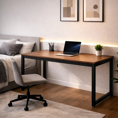 Home Office Mesa 150cm Em Mdp Com Pé De Aço Preto Ou Mel Marrom-claro