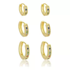 Trio De Brincos Argolas Cravejadas Coloridas Banho Ouro 18k