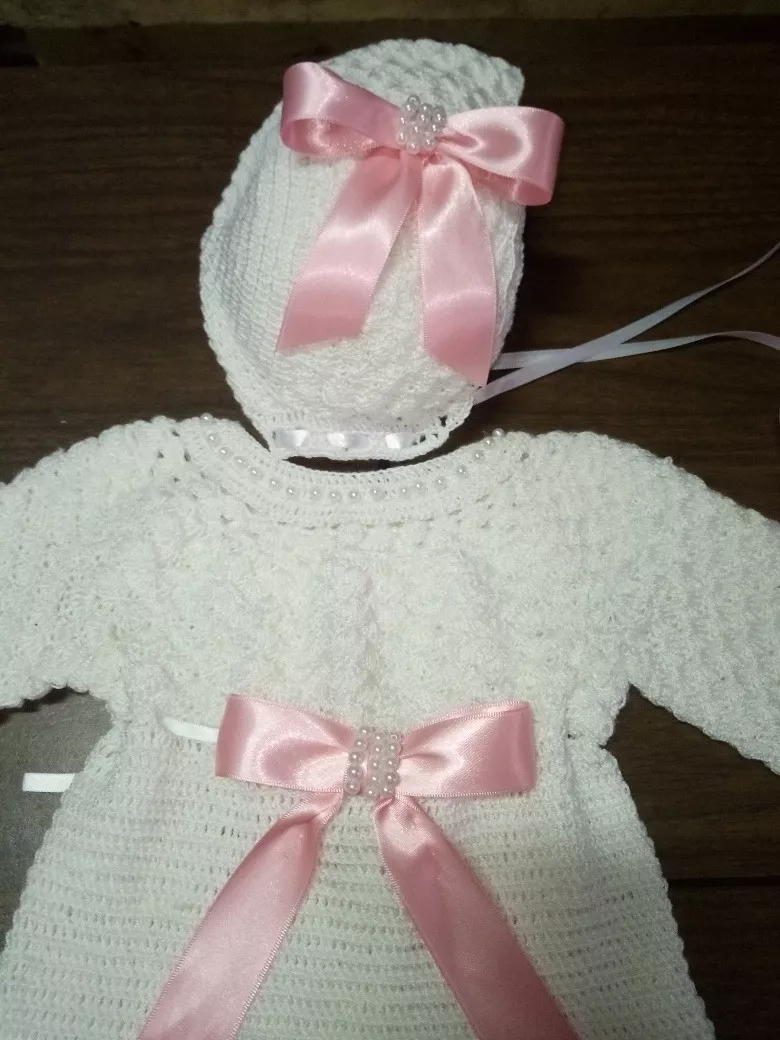 Vestido Conjunto Tejido En Crochet Para Bebe Recien Nacida 