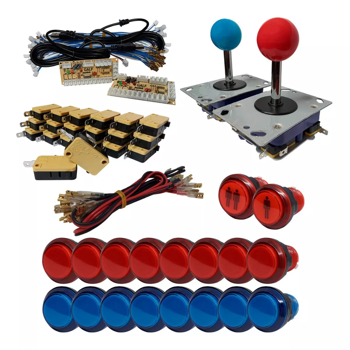 Kit Arcade 2 Player Botones Transparentes Led Rojo Azul