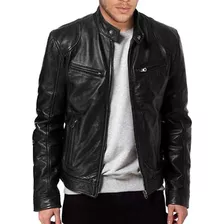 Chaqueta De Cuero Con Cremallera Y Cuello Levantado Hombre