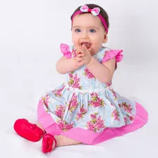 Roupa De Bebe Vestido Menina Infantil Com Tiara 100% Algodão