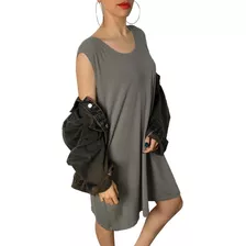 Vestido Básico Da Moda Casual Sem Manga Cavado Cinza Chumbo