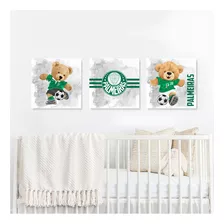 Quadro Decorativo Infantil Palmeiras Urso Futebol 3 Peças