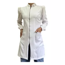 Jaleco Branco Feminino Acinturado Zíper Gabardine Gola Padre