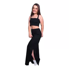 Calça Canelada Pantalona Com Fenda Cintura Alta